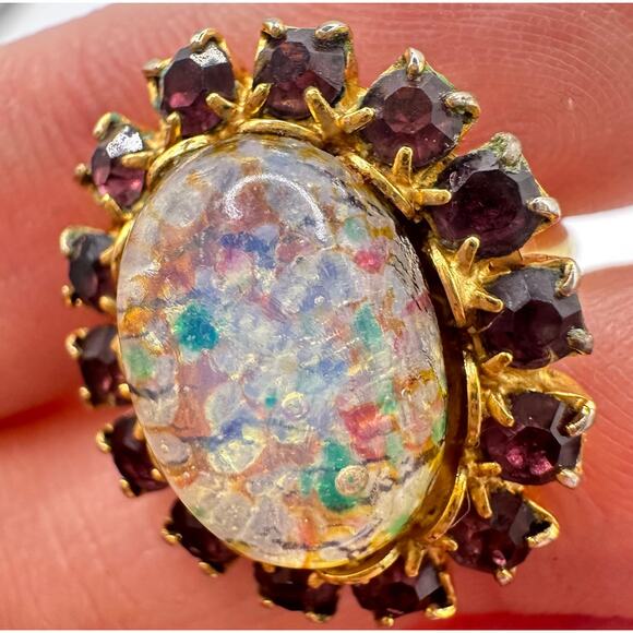 Vintage 1950s gold tone art glass cabochon rhinestones adjustable cocktail ring - Picture 7 of 8